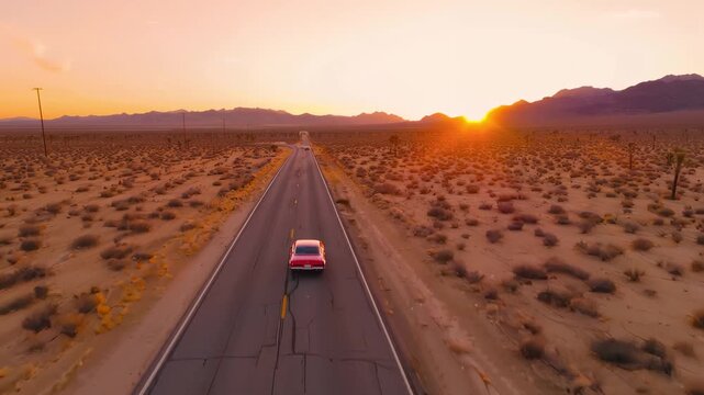 Red Car Drives Down Desert Highway at Sunset