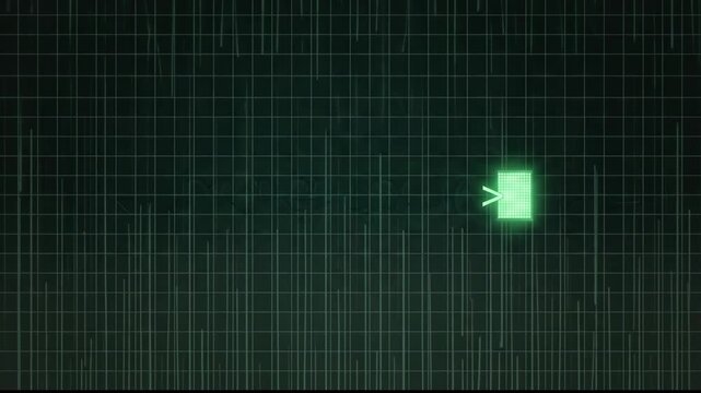 Retro green glowing system ready text appearing on a dark digital display with a grid and data graph overlay, indicating an old computer system is operational and waiting for input