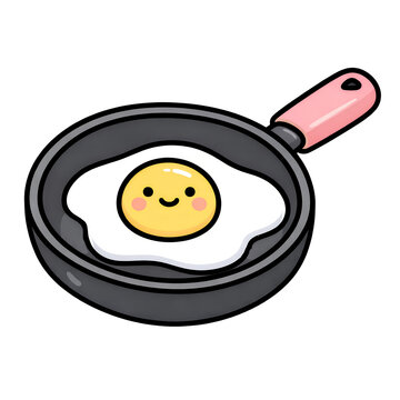 Cute fried egg kawaii breakfast smiling yolk frying pan cartoon food vector illustration flat design pastel color pink handle