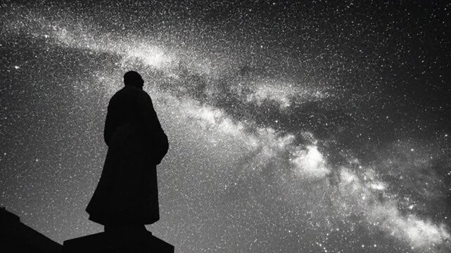 Black and white silhouette of a figure gazing at a starry night, the milky way visible above