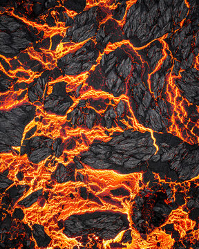 Aerial view of molten lava weaves through fractured obsidian rock, a fiery tapestry of destruction and creation, Reykjavikurborg, Iceland.