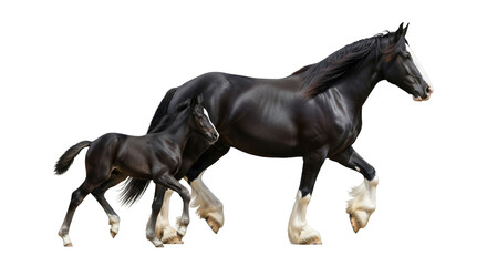 Fototapeta premium Shire horses running on a white background with a foal following closely behind in a playful manner at an open field