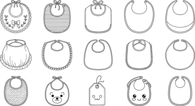 Baby bib silhouettes collection, infant feeding accessories set, cute toddler apron designs vector illustration isolated on white background