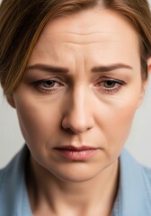 Naklejka premium Intense Portrait Of A Mature Woman Looking Down With A Worried And Tired Expression