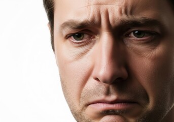 Obraz premium Close Up Portrait Of Middle Aged Man Expressing Deep Sadness And Emotional Distress On White Background