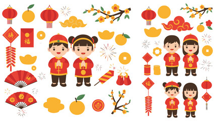 Vibrant illustration of children celebrating chinese new year with traditional decorations