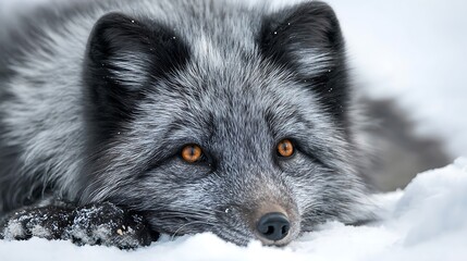 A close-up shot of a silver fox resting in the snow, gazing directly at the viewer