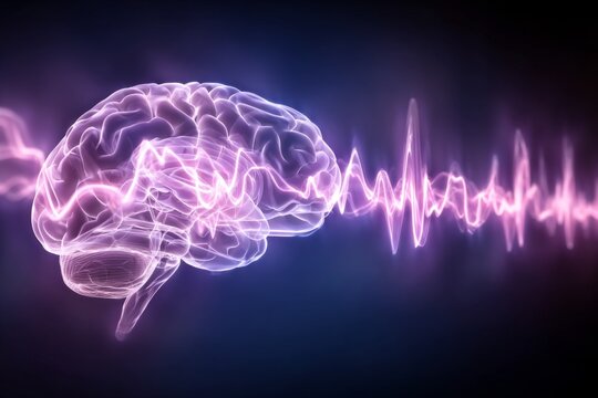 A glowing purple brain sits in a dark space with a bright pink energy wave streaming across its surface from left to right.