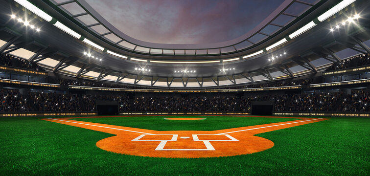 Baseball field at a sports stadium with shining spotlights and fans ready for the upcoming grand sporting event. Professional sports advertisement background.