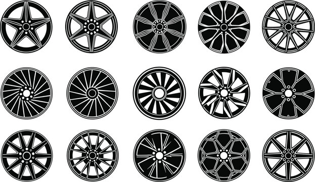 Car wheel rim silhouettes collection, alloy automotive rims set, sport racing tire wheel vector illustration isolated on white background