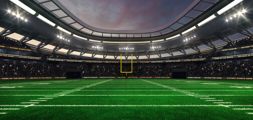 Obraz premium American football field at a sports stadium with shining spotlights and fans ready for the upcoming grand sporting event. Professional sports advertisement background.