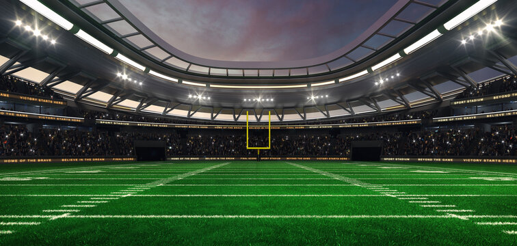 American football field at a sports stadium with shining spotlights and fans ready for the upcoming grand sporting event. Professional sports advertisement background.