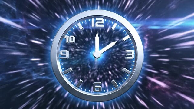 A llic clock face with rapidly moving hands against a cosmic background