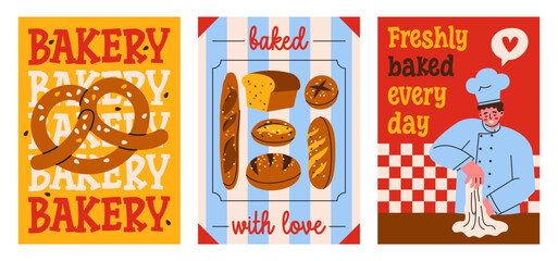 A set of three bright posters with freshly baked goods for bakery shop in retro style. Flat vector illustration for flyers, banners and advertisements design. © v.iraa