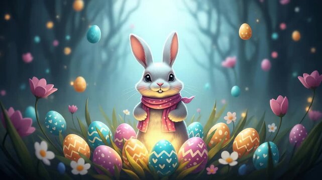 Easter bunny holding colorful eggs in enchanted forest setting  