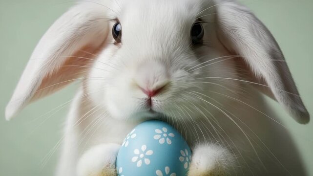 White rabbit holding a blue Easter egg with floral patterns  