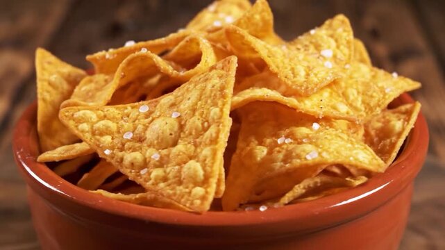 Crispy golden tortilla chips with sea salt in a rustic bowl on a wooden