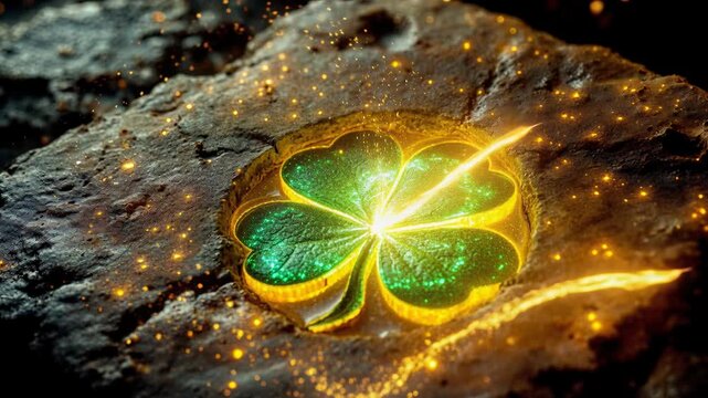 Golden energy and glittering particles surround a glowing four leaf clover embedded in dark rock. Saint Patricks Day celebration concept