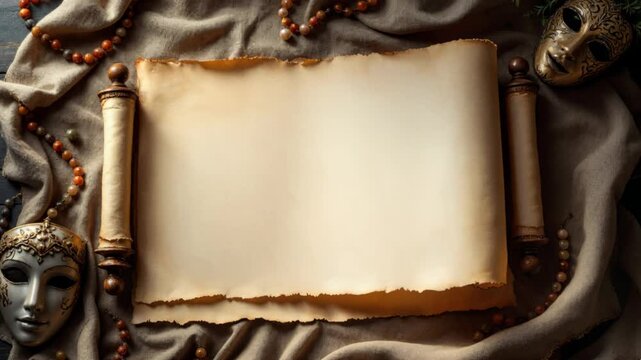 Old, blank parchment scroll slowly rolls up, surrounded by traditional venetian carnival masks