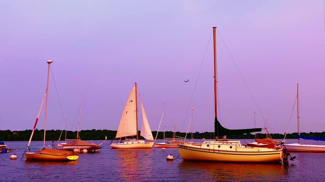 Sailing boats marina yacht with purple sunset lake minneapolis minnesota river water