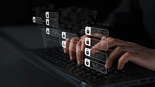 Blockchain structure showing distributed data blocks linked with encryption, representing secure transaction verification, decentralized control, and immutable record system Marrow