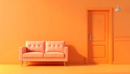 パステルカラーのカラフルでシンプルなソファと壁、扉のイメージ画像