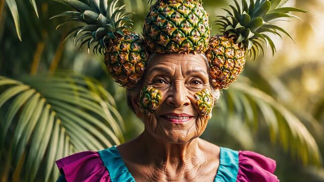 Portrait of an elderly person with pineapples adorning their head and face. Tropical background