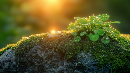 Peaceful forest nature macro with moss and small plants glowing in sunlight. Moss covered rock with tiny green plants. Fresh natural ecosystem. Eco, mindfulness, nature, environmental sustainability.