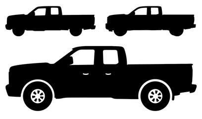 Obraz premium Pickup Truck Silhouette Vector Set, Modern 4x4 Off-Road Vehicle Icons, Side View of Light Commercial Transport and Utility Truck Symbols Isolated on White Background