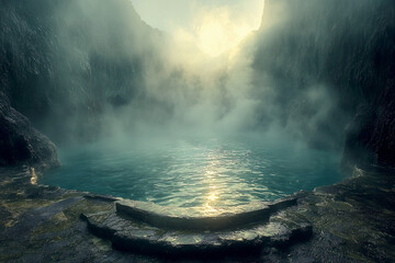 Misty mountain natural geothermal hot spring surrounded by rocks and steam. Dramatic nature landscape. Perfect for nature backgrounds, wellness themes, travel visuals and environmental storytelling.