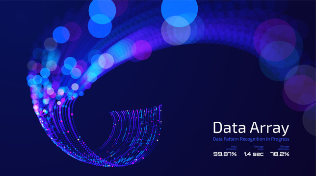 Futuristic data array visualization with flowing particle waves and digital interface representing big data analysis, pattern recognition, artificial intelligence, machine learning vector background
