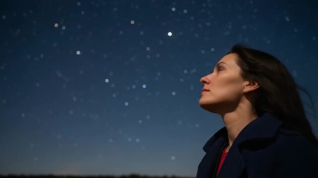 Woman gazing at stars in night sky while contemplating existence  