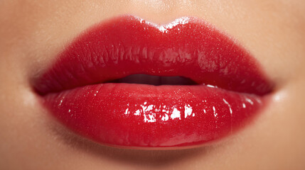 Close-up of glossy red lips with shimmering highlights