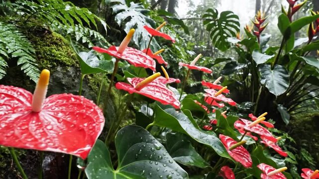 Vibrant red anthurium flowers glisten with fresh raindrops in a lush tropical