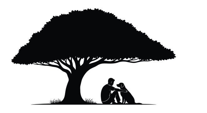 A man and his dog sitting under a large tree in a peaceful outdoor setting