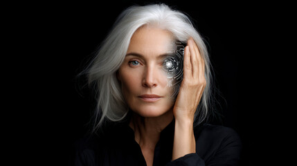 Naklejka premium Portrait of a woman with white hair with a half robot face. Artificial Intelligence, Futuristic Digital Technology, Metaverse of Digital Intelligent World