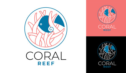 Coral Reef and Fish Line Art Logo with Modern Minimal Design © Mydee