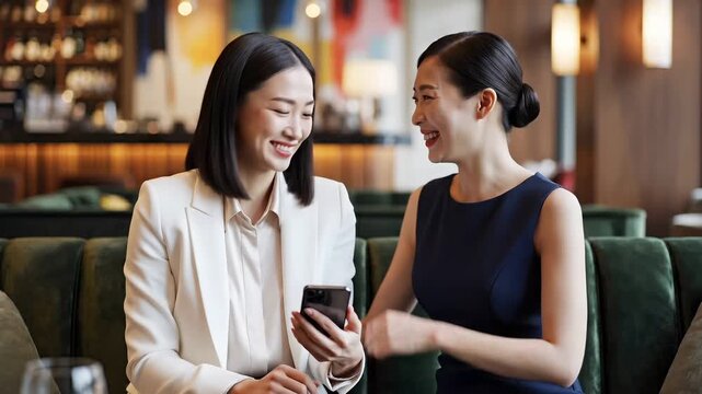 Happy Asian Businesswomen Sharing Laughs Over Smartphone Content
