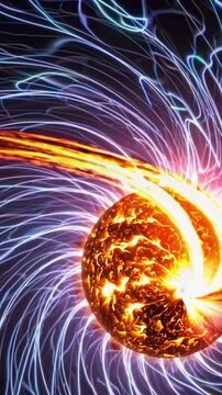 solar plasma orb with magnetic field, molten core ejects glowing filaments and bright arcs, electric blue field lines swirl around hot sphere, particle streams and bursts evoke cosmic simulation