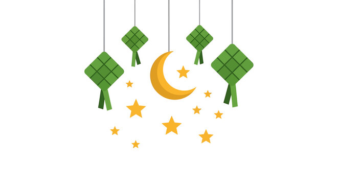 Islamic lanterns and crescent moon with stars.
