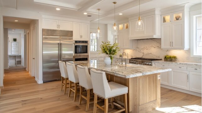 Elegant transitional kitchen with a large island and stainless steel appliances