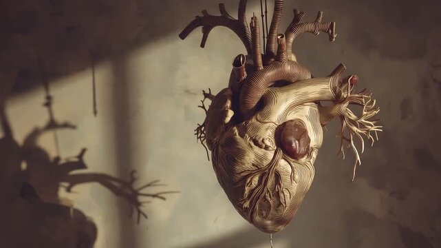 Intricate steampunk mechanical human heart, vintage engraved anatomy art, suspended in a dark, moody setting