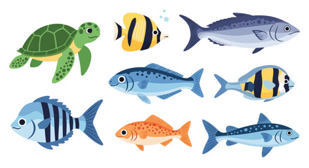 Colorful cartoon illustration of a sea turtle and various fish species © Vactor media 
