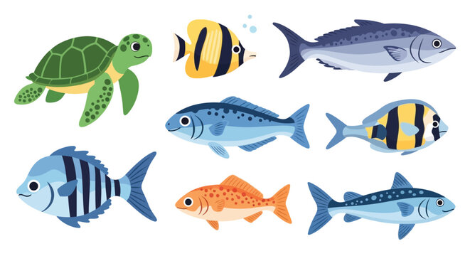 Colorful cartoon illustration of a sea turtle and various fish species