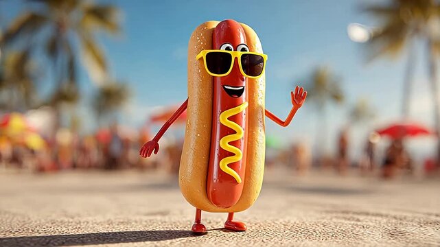 Animated hot dog on beach