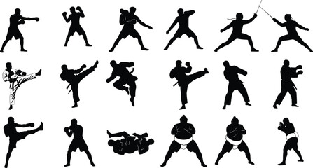 Martial arts silhouette icon set, combat sports, boxing stance, karate pose, taekwondo kick, fencing duel, sumo wrestling, grappling fight, training action, vector illustration © MDMAHOMUDUL