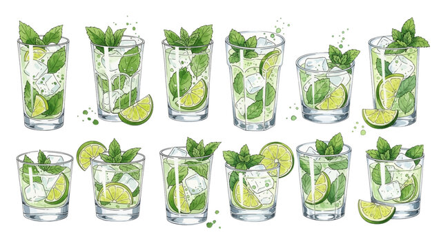 A charming watercolor collection of classic mojito glasses, featuring fresh mint, lime wedges, crushed ice, and fizzy beverage textures.