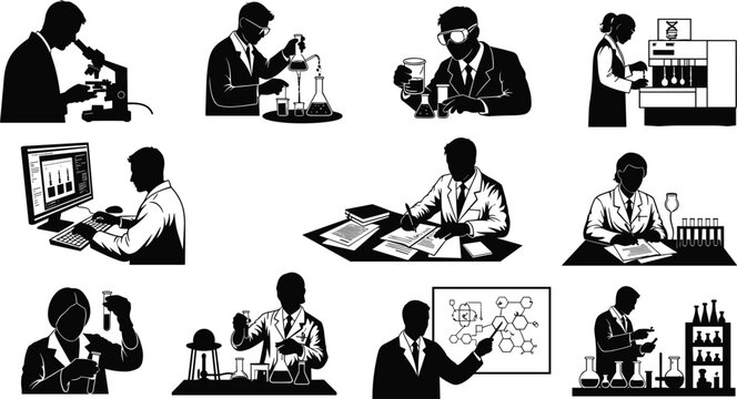 microscope analysis, chemical experiment, computer data, molecular structure, science teamwork, vector illustration