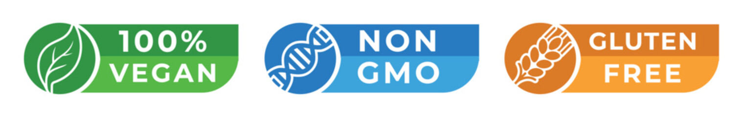 100% Vegan Non GMO Gluten Free Badges &ndash; Natural Food Certification Icons Set