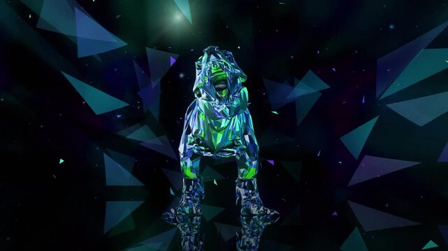 Dynamic sci-fi animal loop with glowing polygon patterns and intense energy for high-tech club visuals, electronic music festivals, stage screens and for LED video walls